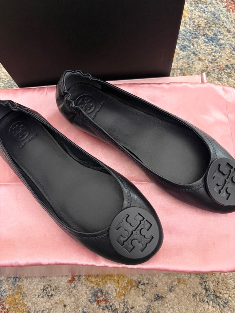 Tory Burch NEW ! Black Leather Logo Round-Toe Ballet Flats